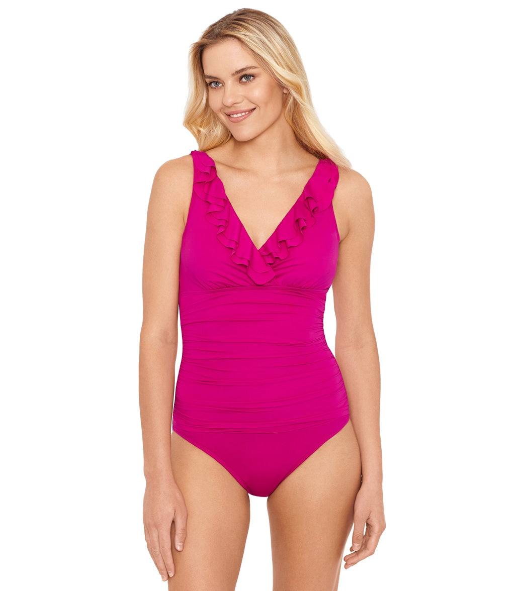Lauren Ralph Lauren Women's Beach Club Solids Ruffle Surplice Underwire One Piece Swimsuit