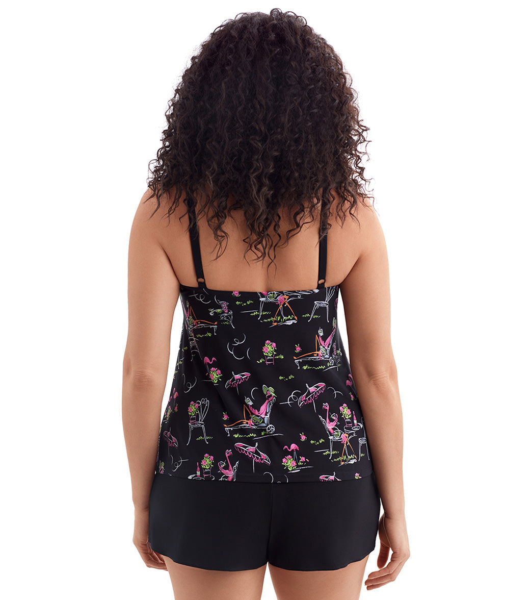 Longitude Women's Flamingo Hotel Faux Ruffle Shortini Long Torso One Piece Swimsuit