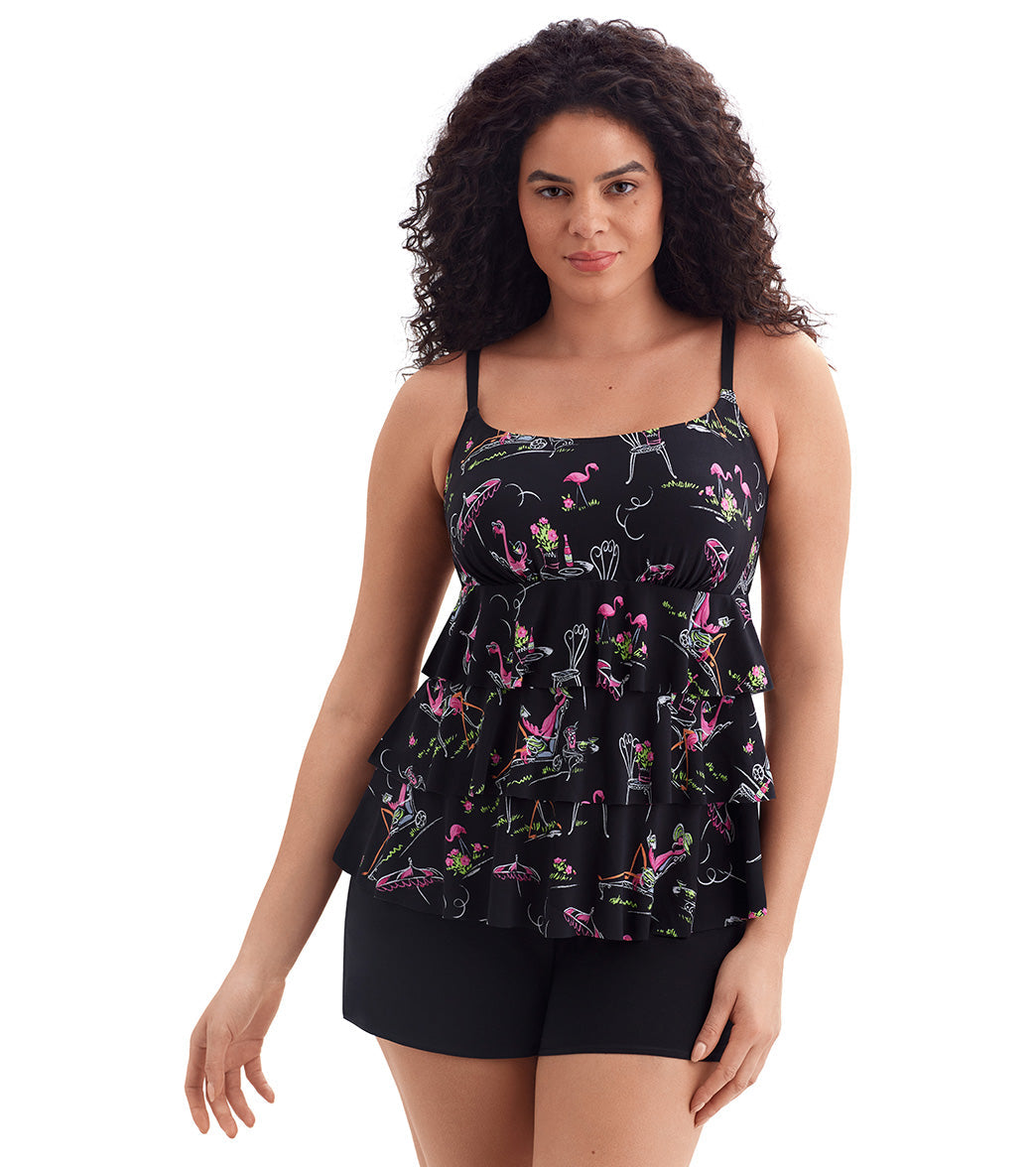 Longitude Women's Flamingo Hotel Faux Ruffle Shortini Long Torso One Piece Swimsuit