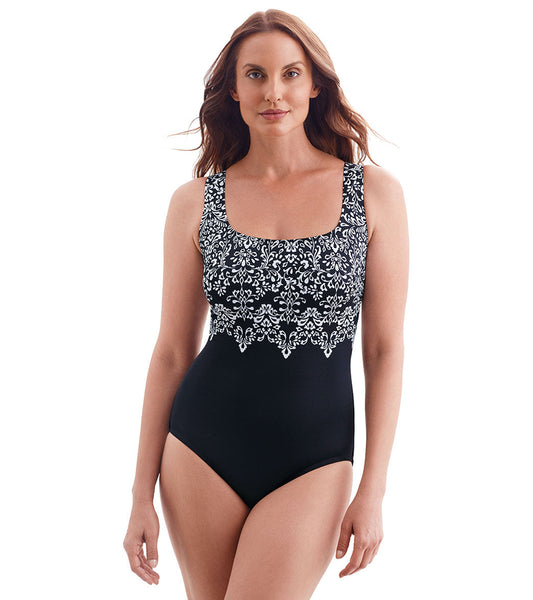 Longitude Women's Garland Edge Double X Back Tank Long Torso One Piece Swimsuit