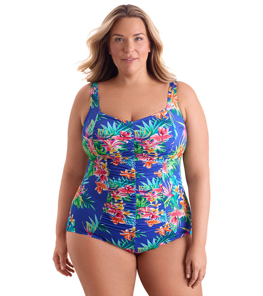Shape Solver By Penbrooke Women's Plus Size Tropical Tendencies Shirred Front Princess Seam Girl Leg One Piece Swimsuit