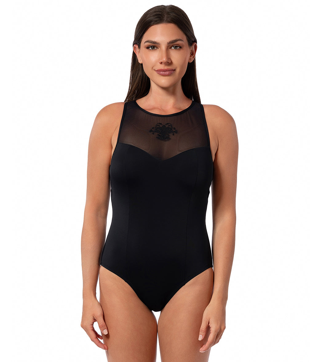 Jantzen Women's Royal Black Diana High Neck One Piece Swimsuit