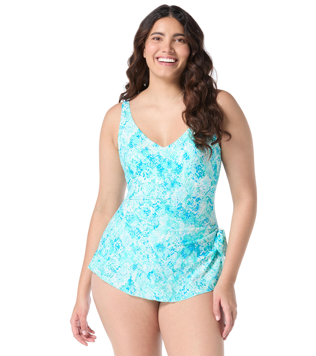 Roxanne Chlorine Resistant Painted Petals V Neck Sarong One Piece Swimsuit (C/D/DD Cup)