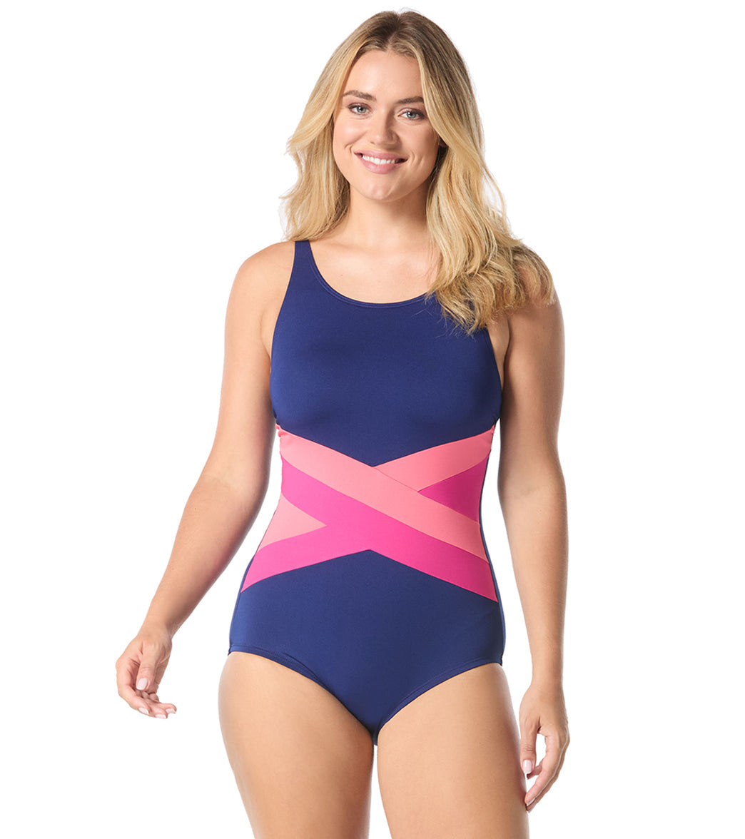 Gabar Women's Mastectomy Chlorine Resistant Color Blocked High Neck One Piece Swimsuit (D Cup)