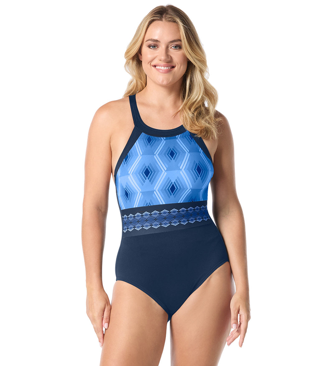 Gabar Women' s Chlorine Resistant Aqua Prisms High Neck One Piece Swimsuit