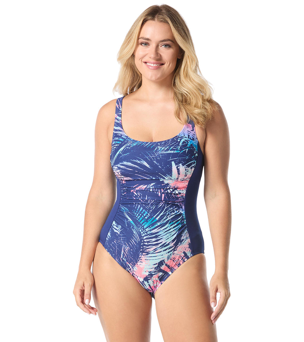 Gabar Women's Chlorine Resistant Mirage Palm Scoop Neck Ruched One Piece Swimsuit