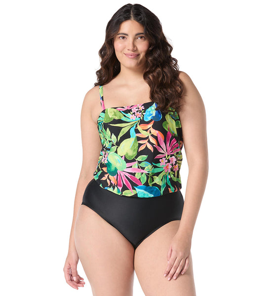 Roxanne Women's Chlorine Resistant Bra Sized Tropical One Piece Swimsuit Blouson (C/D/DD Cup)