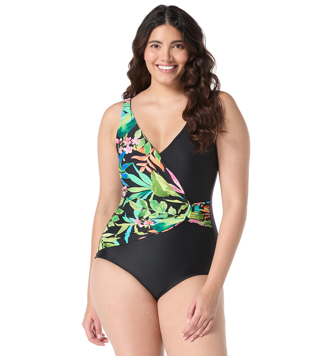 Roxanne Women's Chlorine Resistant Bra Sized Tropical Draped Sash One Piece Swimsuit (D/DD Cup)