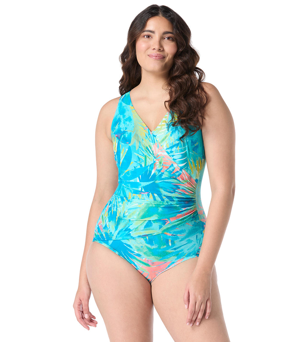Roxanne Women's Chlorine Resistant Bra Sized Paradise Palm Surplice One Piece Swimsuit (D/DD Cup)