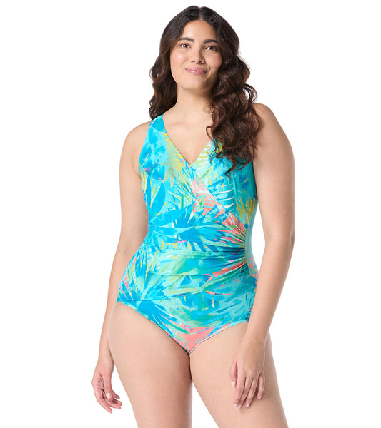 Roxanne Women's Chlorine Resistant Bra Sized Paradise Palm Surplice One Piece Swimsuit (D/DD Cup)