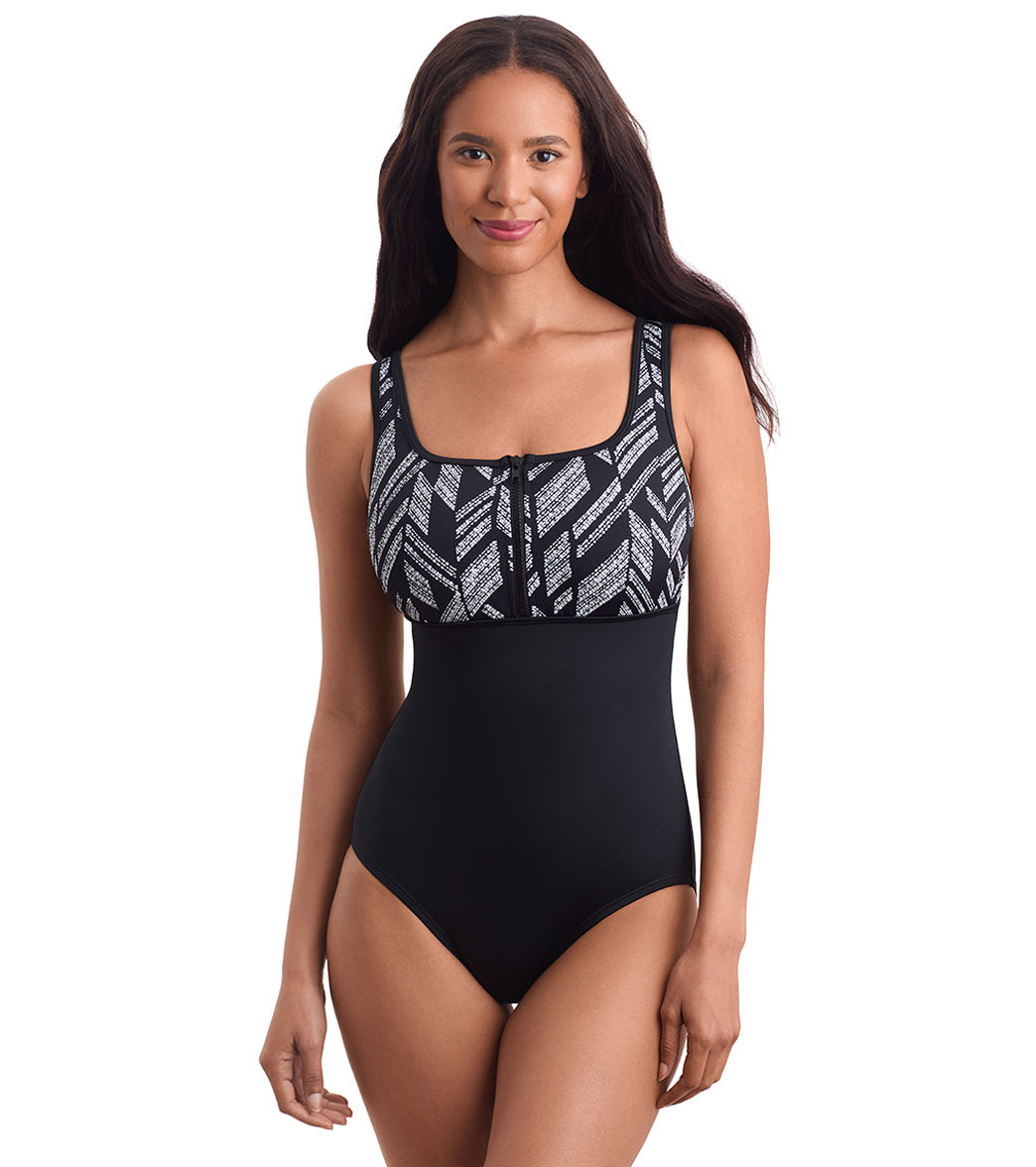 Shape Solver SPORT Women's Herringbone Scoopneck Zipper Tank One Piece Swimsuit