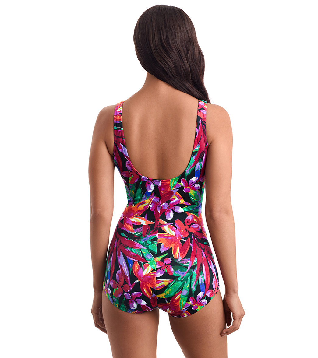 Shape Solver SPORT Women's Secret Garden Shirred Front Girl Leg One Piece Swimsuit