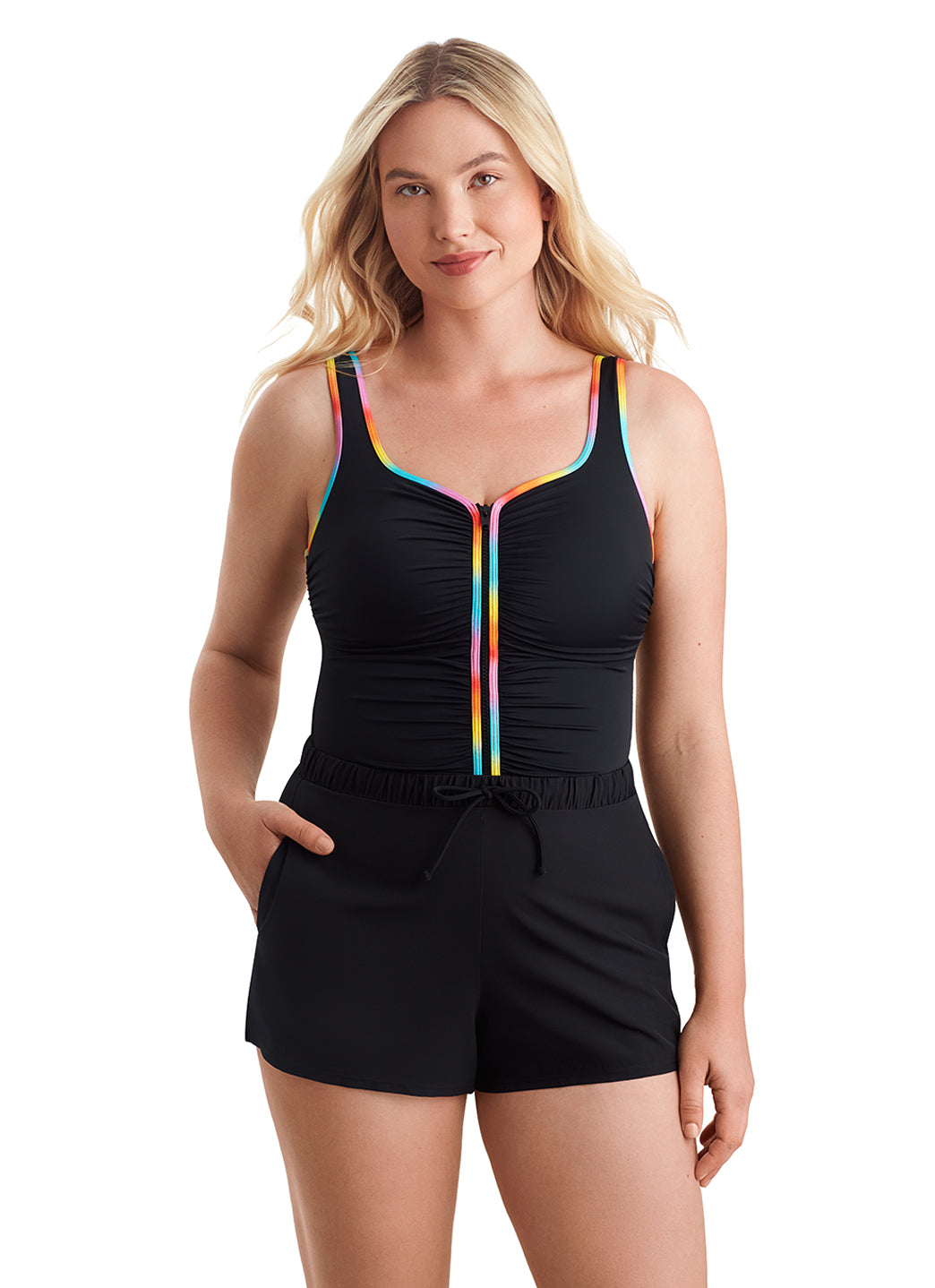 Shape Solver SPORT Women's Ombre Sorbet Shirred Zipper Runaround One Piece Swimsuit