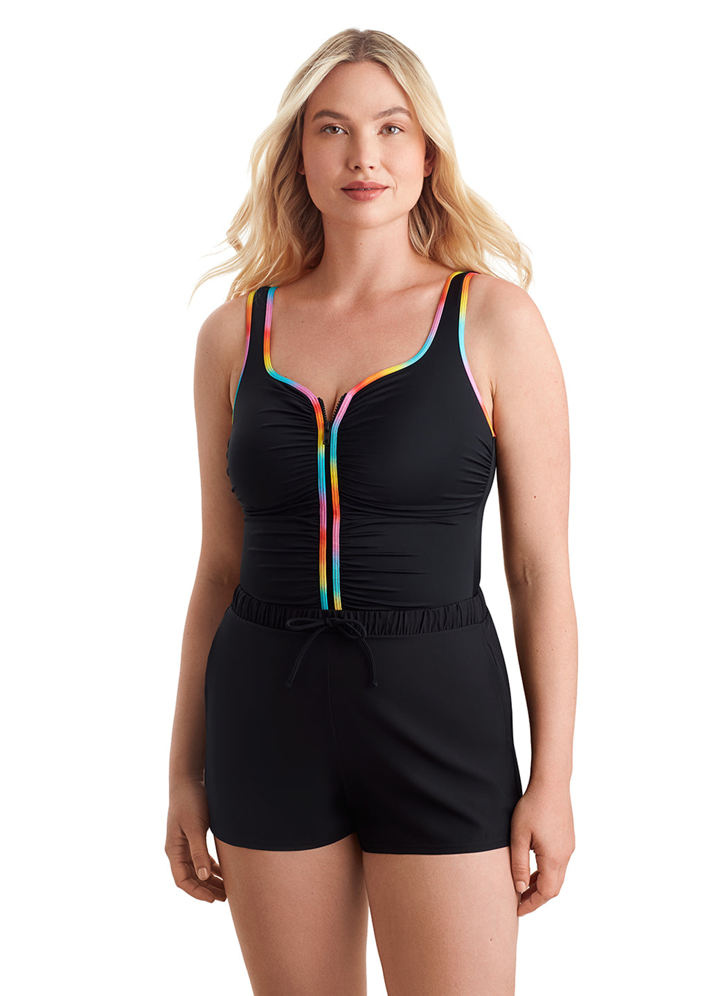 Shape Solver SPORT Women's Ombre Sorbet Shirred Zipper Runaround One Piece Swimsuit