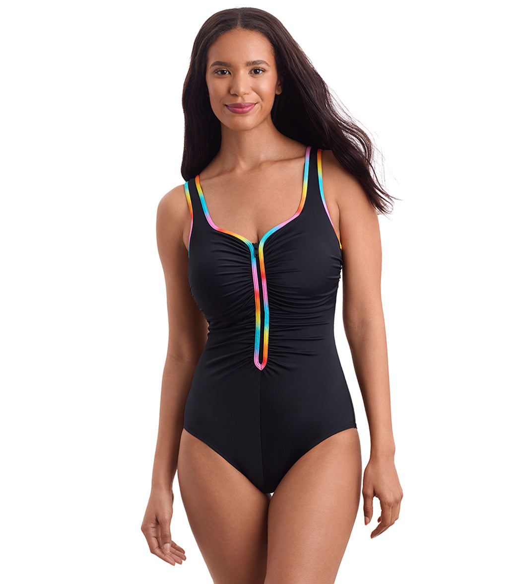 Shape Solver SPORT Women's Shirred Zipper Tank One Piece Swimsuit