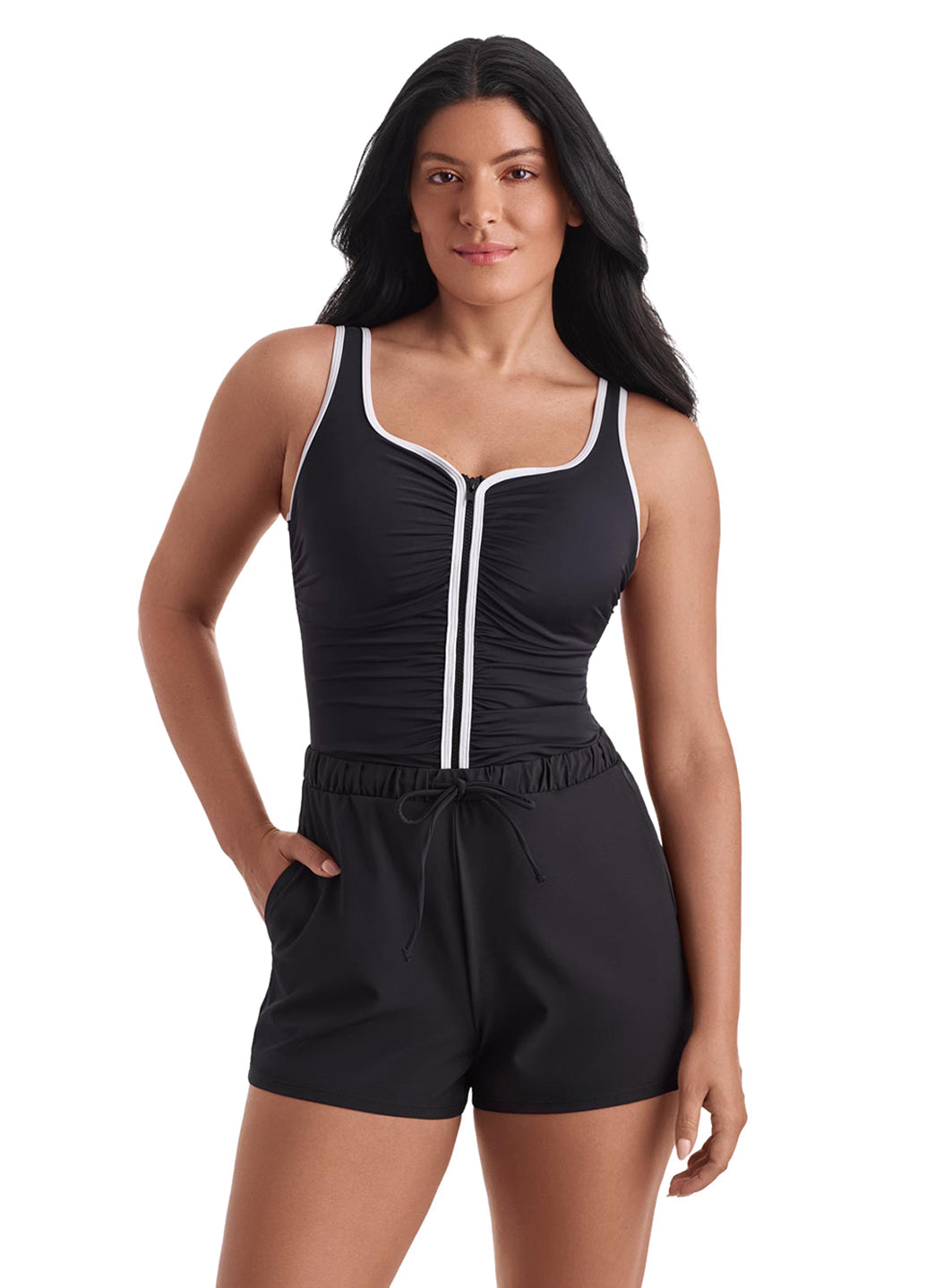 Shape Solver SPORT Women's Solids Shirred Zipper Runaround One Piece Swimsuit