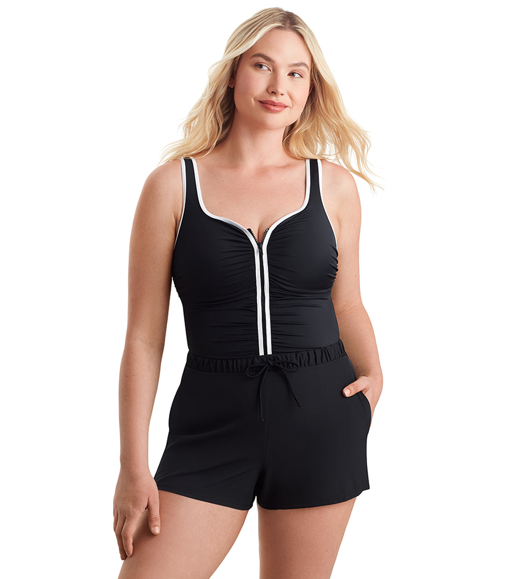 Shape Solver SPORT Women's Solids Shirred Zipper Runaround One Piece Swimsuit