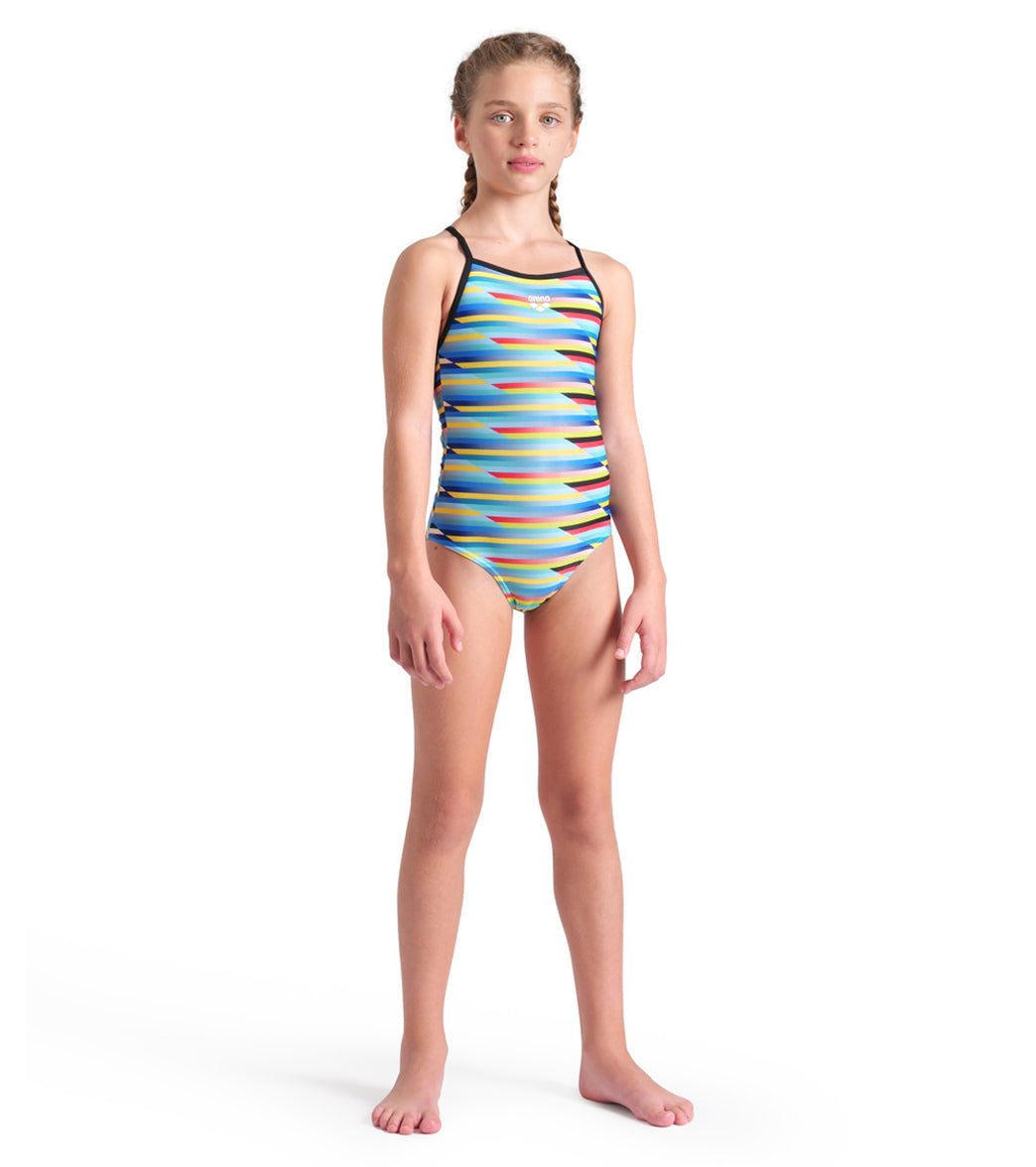 Arena Girls' Racing Stripe Light Drop Back One Piece Swimsuit (Little Kid, Big Kid)