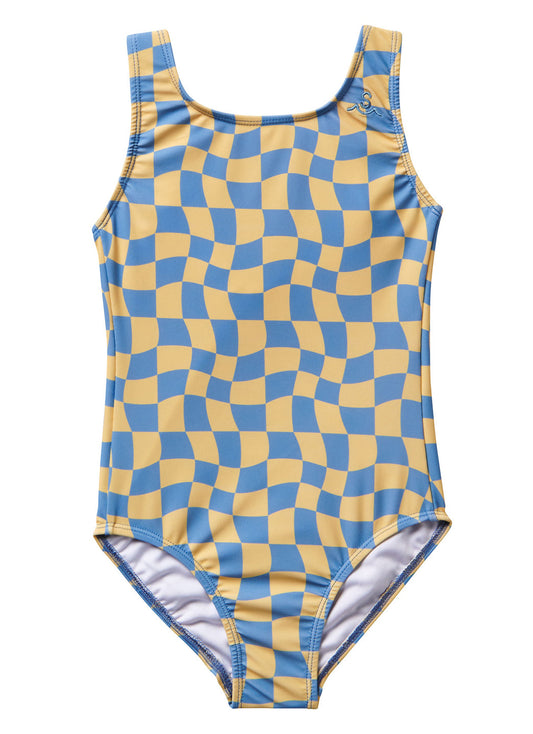 Seaesta Surf Girls' Print Wavy Checks One Piece Swimsuit (Little Kid, Big Kid)