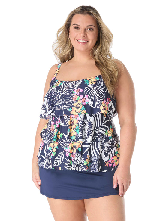 Beach House Women's Plus Size Indigo Jungle Jane Ruffle Tankini Top