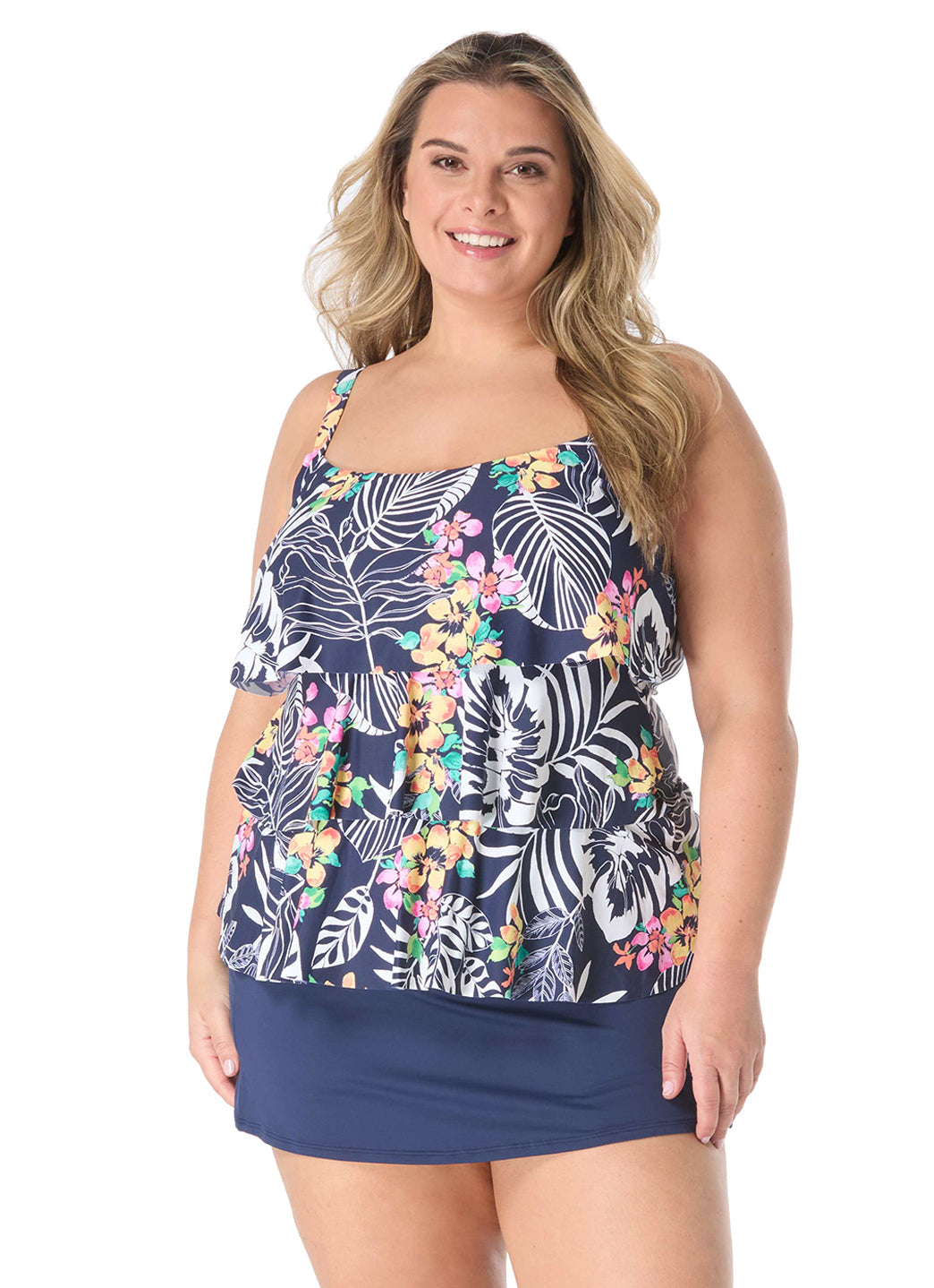 Beach House Women's Plus Size Indigo Jungle Jane Ruffle Tankini Top