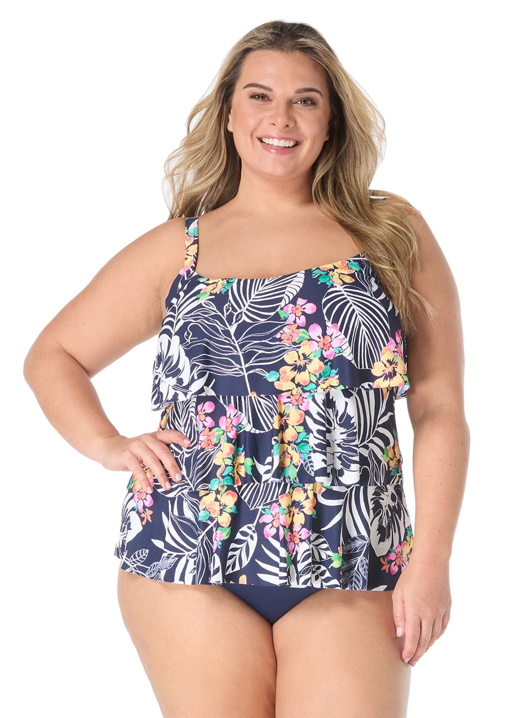 Beach House Women's Plus Size Indigo Jungle Jane Ruffle Tankini Top