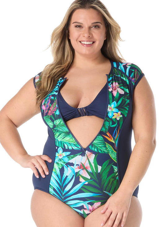 Beach House Women's Plus Size Tropic Paradise Endurance Zip Front