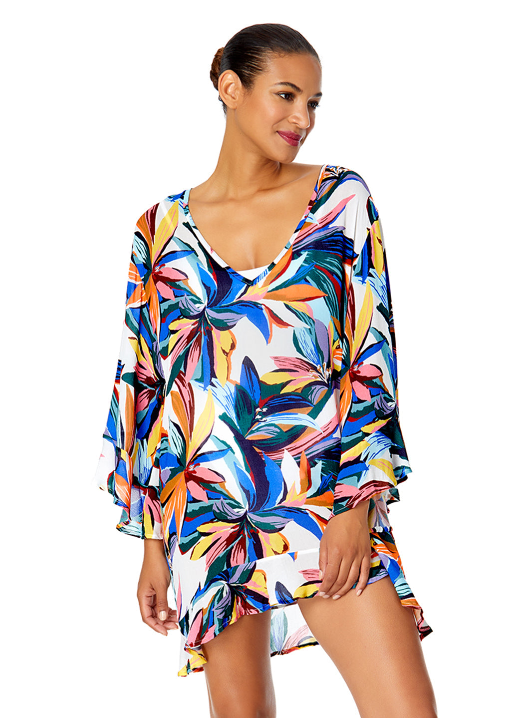 Anne Cole Women's Riviera Floral Bell Sleeve Flounce Cover Up Tunic