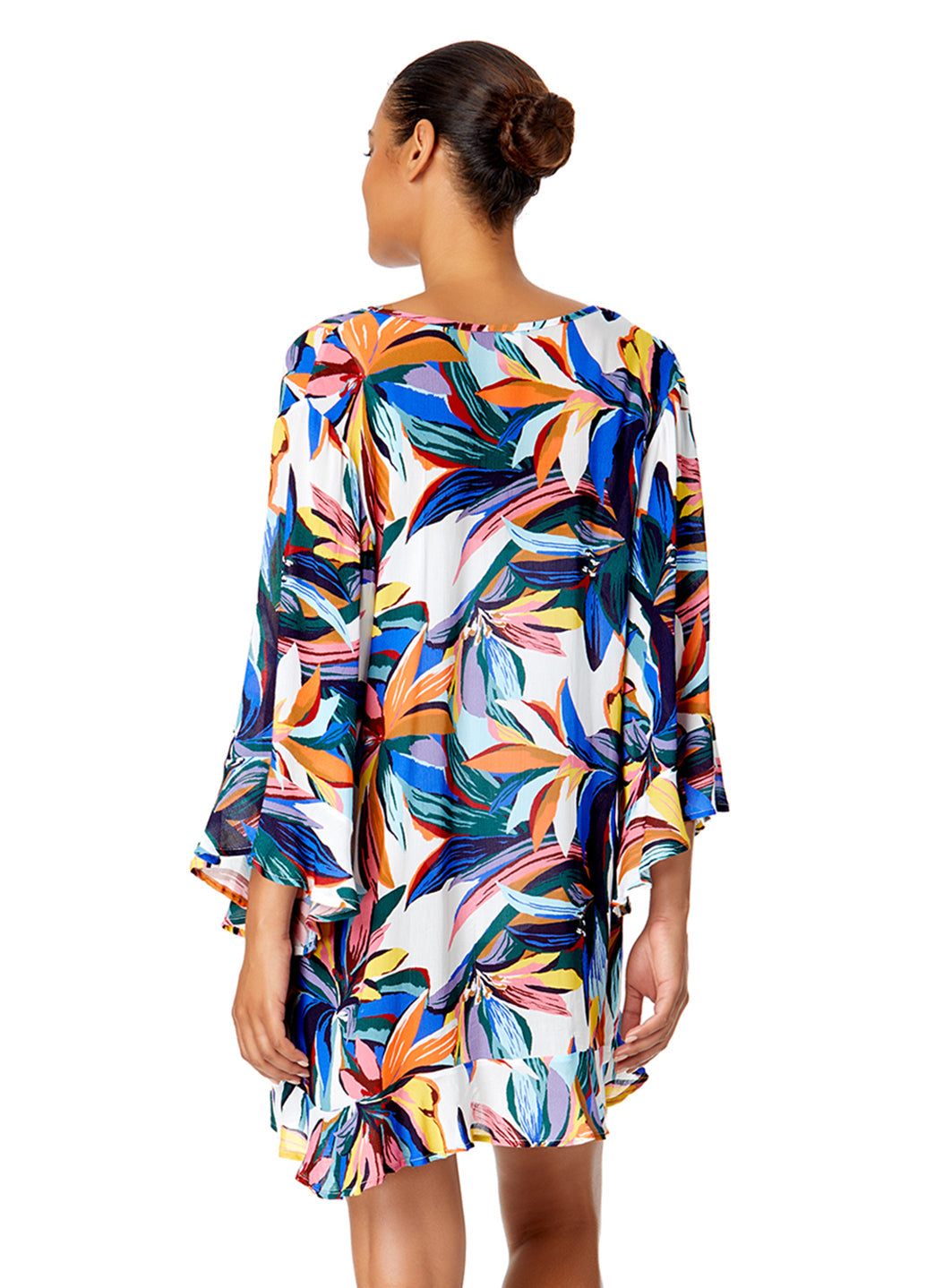 Anne Cole Women's Riviera Floral Bell Sleeve Flounce Cover Up Tunic