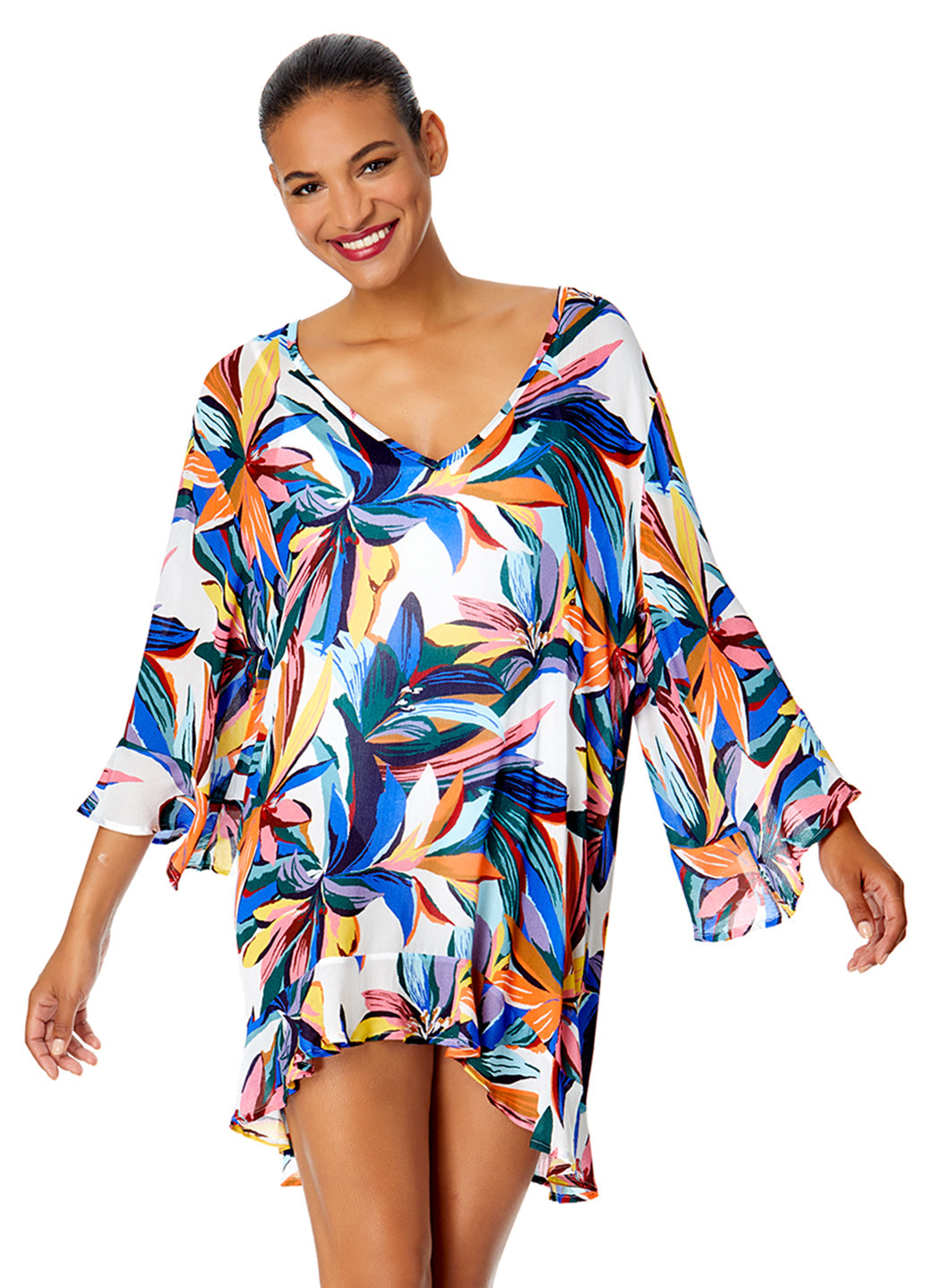 Anne Cole Women's Riviera Floral Bell Sleeve Flounce Cover Up Tunic