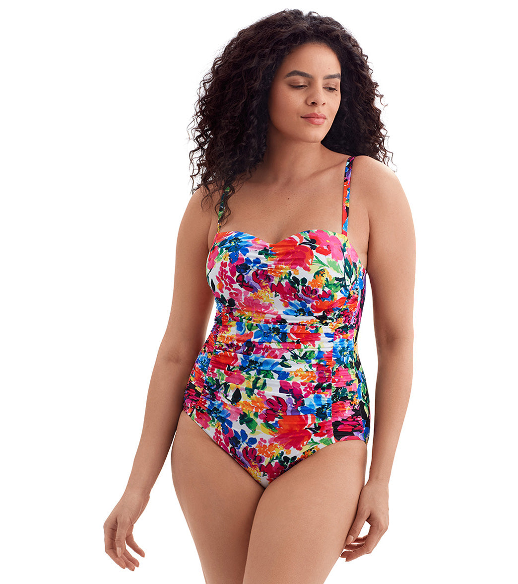 Longitude Women's Blooming Bouquet Shirred Sweetheart Tank Long Torso One Piece Swimsuit