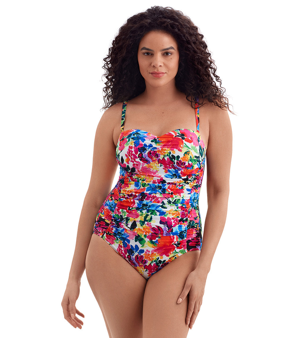 Longitude Women's Blooming Bouquet Shirred Sweetheart Tank Long Torso One Piece Swimsuit