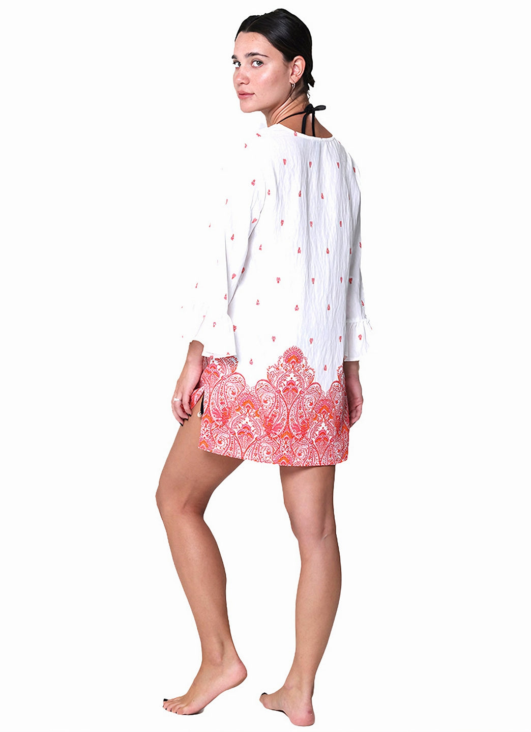 J.Valdi Women's Corsica Ruffle Sleeve Lace Neck Tunic Cover Up