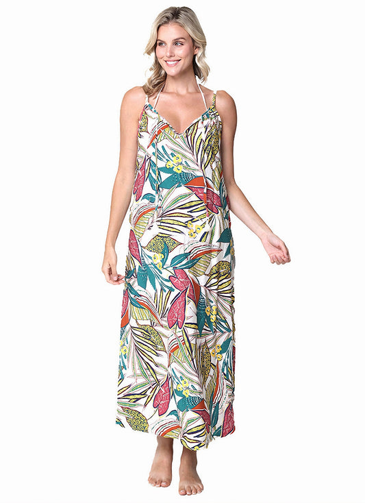 J.Valdi Women's Funky Palm Strappy Tie Front Maxi Cover Up Dress