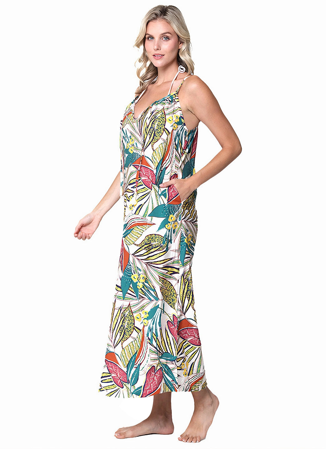 J.Valdi Women's Funky Palm Strappy Tie Front Maxi Cover Up Dress