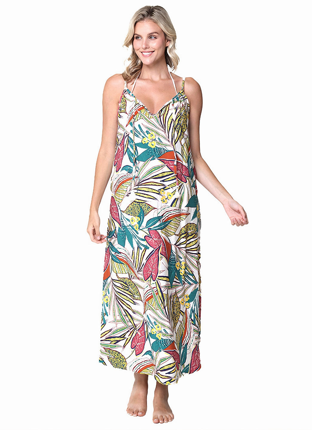 J.Valdi Women's Funky Palm Strappy Tie Front Maxi Cover Up Dress