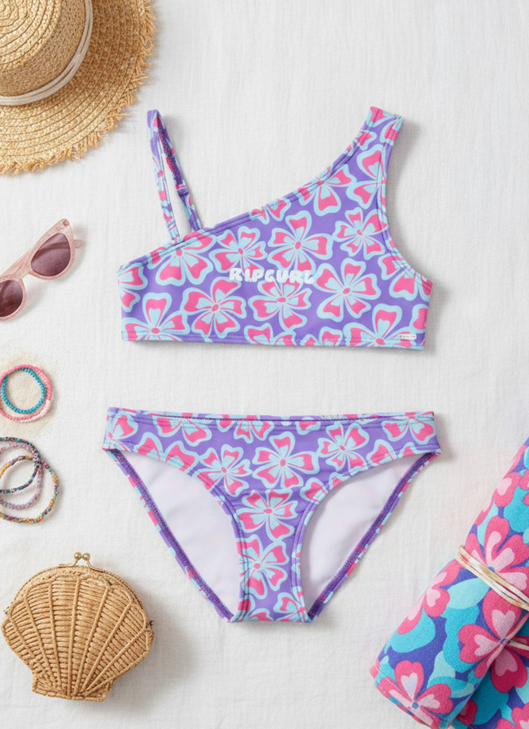 Rip Curl Girls' Neon Isles Floral One Shoulder Bikini Set (Big Kid)