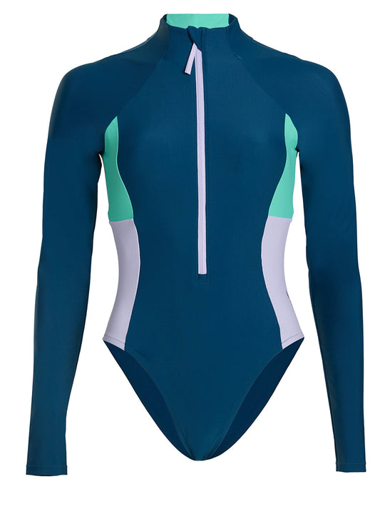 Speedo Women's Hydraline Long Sleeve Zip Colorblock One Piece Swimsuit